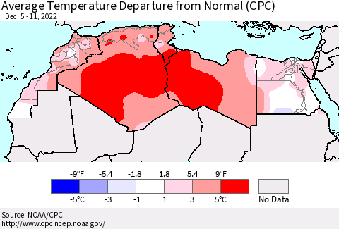 North Africa Average Temperature Departure from Normal (CPC) Thematic Map For 12/5/2022 - 12/11/2022