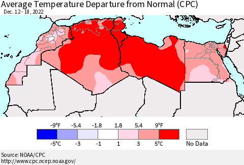 North Africa Average Temperature Departure from Normal (CPC) Thematic Map For 12/12/2022 - 12/18/2022