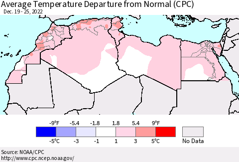 North Africa Average Temperature Departure from Normal (CPC) Thematic Map For 12/19/2022 - 12/25/2022