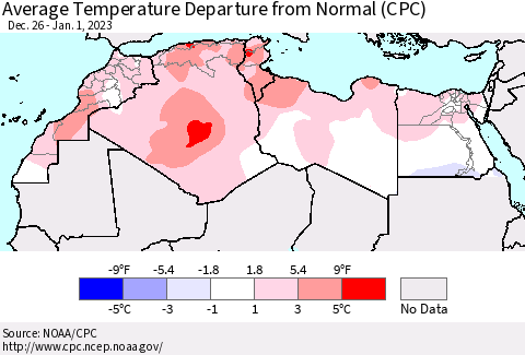 North Africa Average Temperature Departure from Normal (CPC) Thematic Map For 12/26/2022 - 1/1/2023