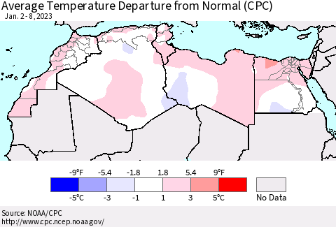 North Africa Average Temperature Departure from Normal (CPC) Thematic Map For 1/2/2023 - 1/8/2023
