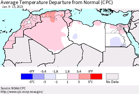 North Africa Average Temperature Departure from Normal (CPC) Thematic Map For 1/9/2023 - 1/15/2023