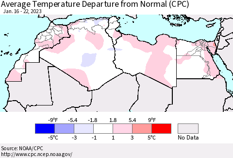 North Africa Average Temperature Departure from Normal (CPC) Thematic Map For 1/16/2023 - 1/22/2023