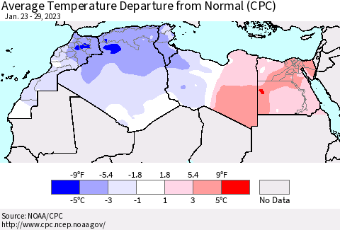 North Africa Average Temperature Departure from Normal (CPC) Thematic Map For 1/23/2023 - 1/29/2023