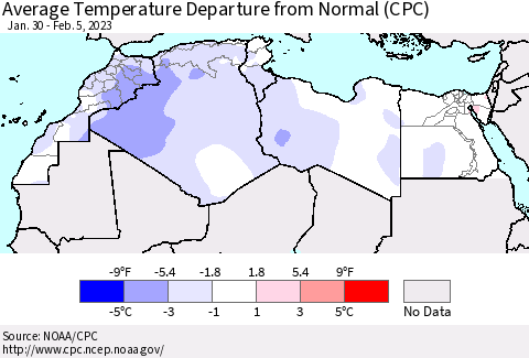 North Africa Average Temperature Departure from Normal (CPC) Thematic Map For 1/30/2023 - 2/5/2023