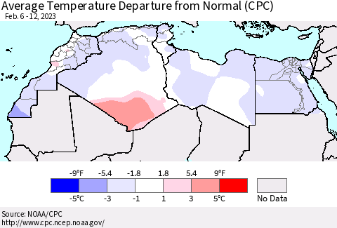 North Africa Average Temperature Departure from Normal (CPC) Thematic Map For 2/6/2023 - 2/12/2023