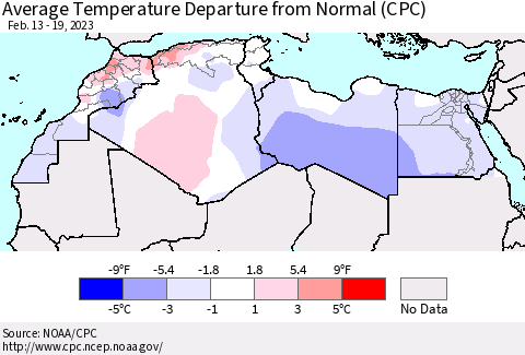 North Africa Average Temperature Departure from Normal (CPC) Thematic Map For 2/13/2023 - 2/19/2023