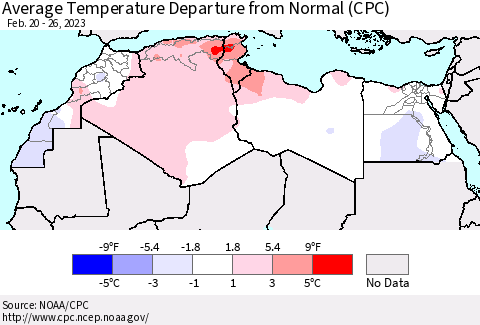 North Africa Average Temperature Departure from Normal (CPC) Thematic Map For 2/20/2023 - 2/26/2023