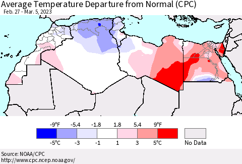 North Africa Average Temperature Departure from Normal (CPC) Thematic Map For 2/27/2023 - 3/5/2023