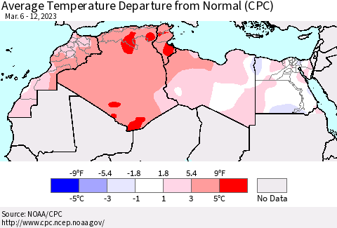 North Africa Average Temperature Departure from Normal (CPC) Thematic Map For 3/6/2023 - 3/12/2023