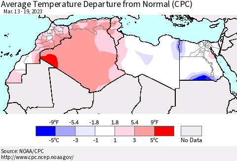 North Africa Average Temperature Departure from Normal (CPC) Thematic Map For 3/13/2023 - 3/19/2023
