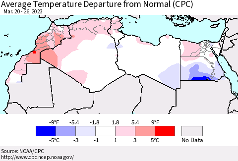 North Africa Average Temperature Departure from Normal (CPC) Thematic Map For 3/20/2023 - 3/26/2023