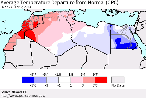 North Africa Average Temperature Departure from Normal (CPC) Thematic Map For 3/27/2023 - 4/2/2023