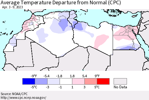 North Africa Average Temperature Departure from Normal (CPC) Thematic Map For 4/3/2023 - 4/9/2023