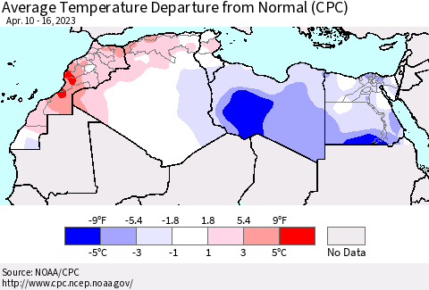 North Africa Average Temperature Departure from Normal (CPC) Thematic Map For 4/10/2023 - 4/16/2023