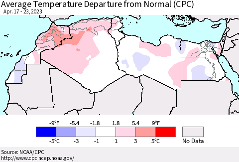 North Africa Average Temperature Departure from Normal (CPC) Thematic Map For 4/17/2023 - 4/23/2023