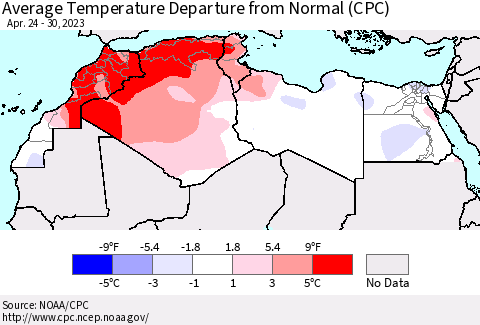 North Africa Average Temperature Departure from Normal (CPC) Thematic Map For 4/24/2023 - 4/30/2023