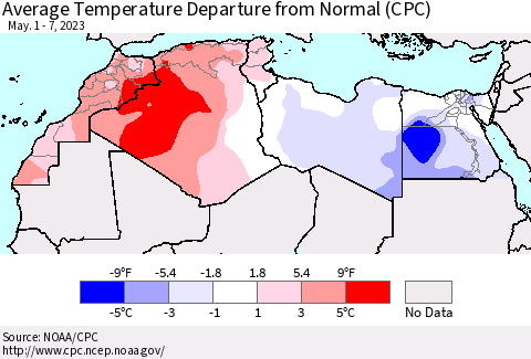 North Africa Average Temperature Departure from Normal (CPC) Thematic Map For 5/1/2023 - 5/7/2023