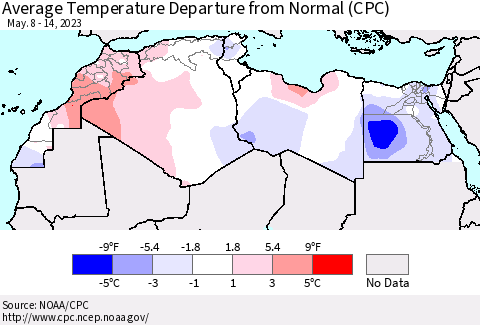 North Africa Average Temperature Departure from Normal (CPC) Thematic Map For 5/8/2023 - 5/14/2023