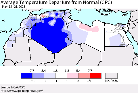 North Africa Average Temperature Departure from Normal (CPC) Thematic Map For 5/15/2023 - 5/21/2023