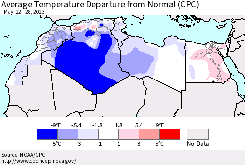North Africa Average Temperature Departure from Normal (CPC) Thematic Map For 5/22/2023 - 5/28/2023