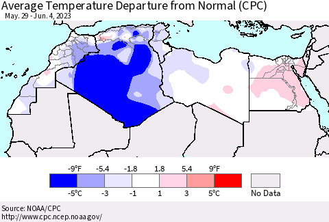 North Africa Average Temperature Departure from Normal (CPC) Thematic Map For 5/29/2023 - 6/4/2023