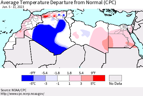 North Africa Average Temperature Departure from Normal (CPC) Thematic Map For 6/5/2023 - 6/11/2023