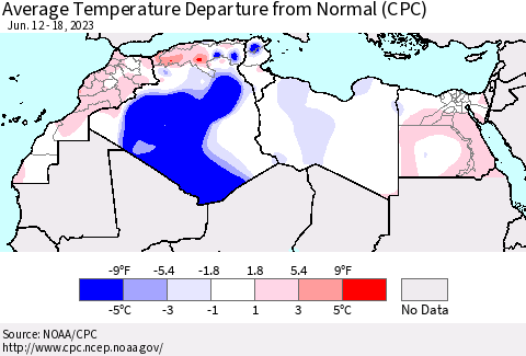 North Africa Average Temperature Departure from Normal (CPC) Thematic Map For 6/12/2023 - 6/18/2023