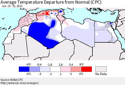North Africa Average Temperature Departure from Normal (CPC) Thematic Map For 6/19/2023 - 6/25/2023
