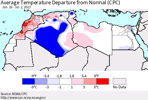 North Africa Average Temperature Departure from Normal (CPC) Thematic Map For 6/26/2023 - 7/2/2023