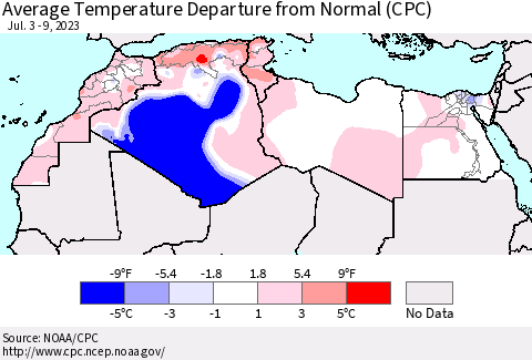 North Africa Average Temperature Departure from Normal (CPC) Thematic Map For 7/3/2023 - 7/9/2023