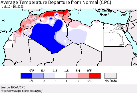 North Africa Average Temperature Departure from Normal (CPC) Thematic Map For 7/10/2023 - 7/16/2023