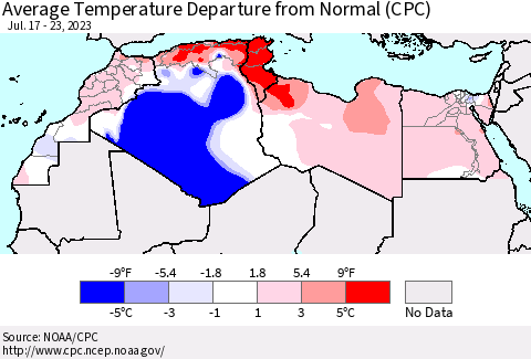 North Africa Average Temperature Departure from Normal (CPC) Thematic Map For 7/17/2023 - 7/23/2023