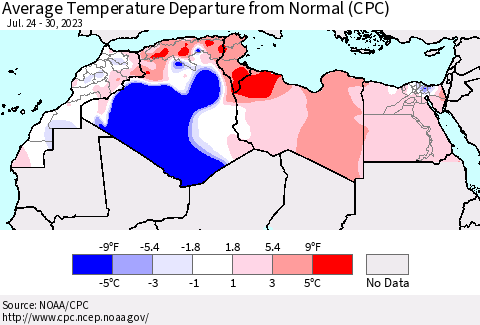North Africa Average Temperature Departure from Normal (CPC) Thematic Map For 7/24/2023 - 7/30/2023