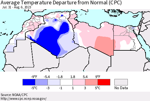 North Africa Average Temperature Departure from Normal (CPC) Thematic Map For 7/31/2023 - 8/6/2023