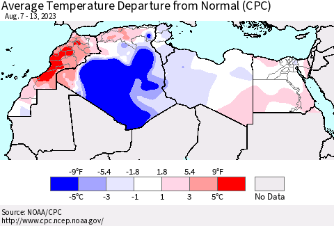 North Africa Average Temperature Departure from Normal (CPC) Thematic Map For 8/7/2023 - 8/13/2023