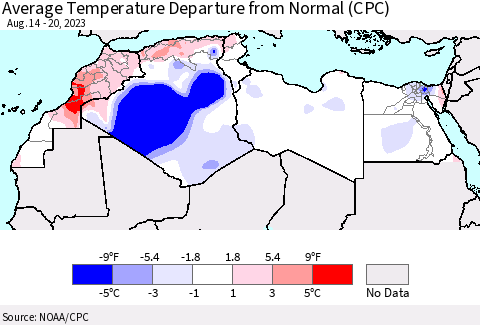 North Africa Average Temperature Departure from Normal (CPC) Thematic Map For 8/14/2023 - 8/20/2023