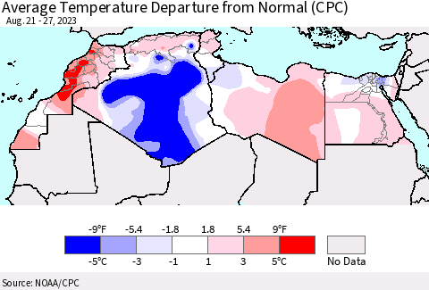 North Africa Average Temperature Departure from Normal (CPC) Thematic Map For 8/21/2023 - 8/27/2023