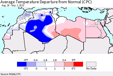 North Africa Average Temperature Departure from Normal (CPC) Thematic Map For 8/28/2023 - 9/3/2023