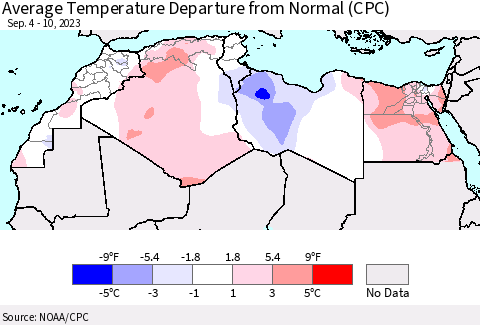 North Africa Average Temperature Departure from Normal (CPC) Thematic Map For 9/4/2023 - 9/10/2023