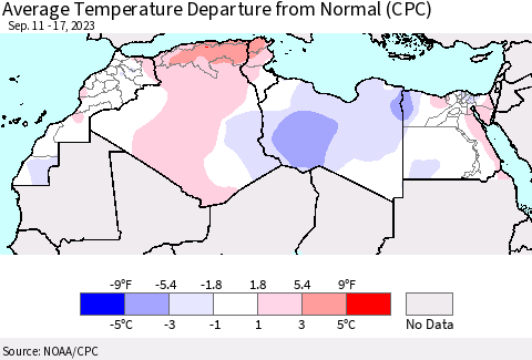 North Africa Average Temperature Departure from Normal (CPC) Thematic Map For 9/11/2023 - 9/17/2023