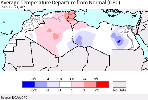 North Africa Average Temperature Departure from Normal (CPC) Thematic Map For 9/18/2023 - 9/24/2023