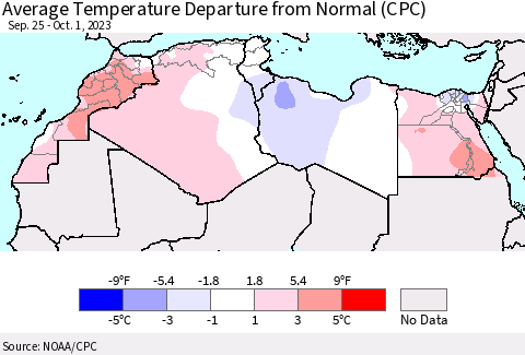 North Africa Average Temperature Departure from Normal (CPC) Thematic Map For 9/25/2023 - 10/1/2023
