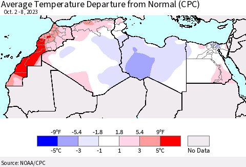 North Africa Average Temperature Departure from Normal (CPC) Thematic Map For 10/2/2023 - 10/8/2023