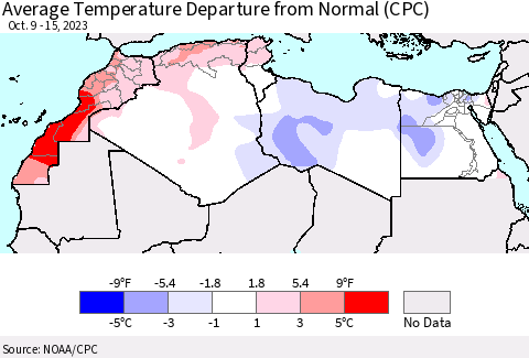 North Africa Average Temperature Departure from Normal (CPC) Thematic Map For 10/9/2023 - 10/15/2023
