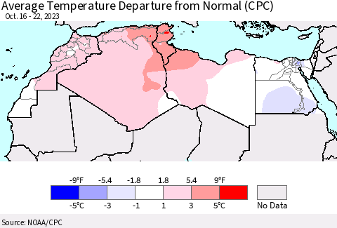 North Africa Average Temperature Departure from Normal (CPC) Thematic Map For 10/16/2023 - 10/22/2023