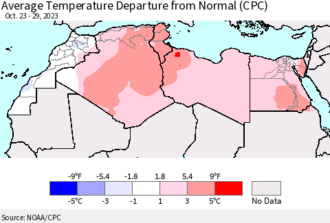 North Africa Average Temperature Departure from Normal (CPC) Thematic Map For 10/23/2023 - 10/29/2023