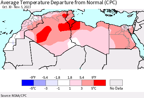 North Africa Average Temperature Departure from Normal (CPC) Thematic Map For 10/30/2023 - 11/5/2023