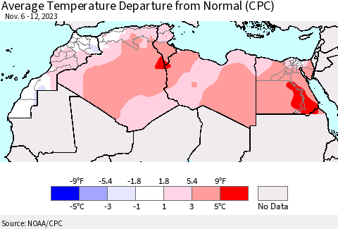 North Africa Average Temperature Departure from Normal (CPC) Thematic Map For 11/6/2023 - 11/12/2023