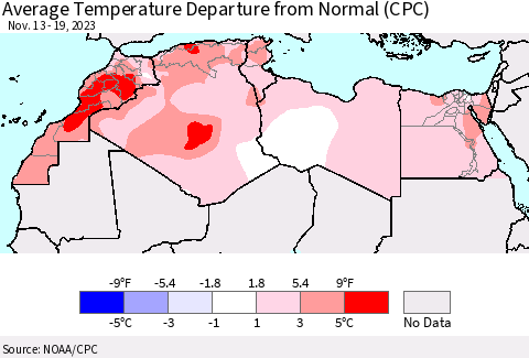 North Africa Average Temperature Departure from Normal (CPC) Thematic Map For 11/13/2023 - 11/19/2023